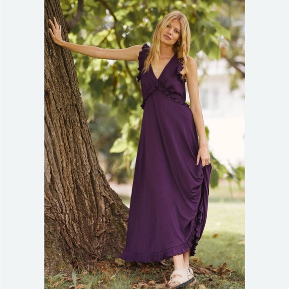 Anthropologie Deep V Ruffled Maxi Dress Size large - Picture 1 of 6